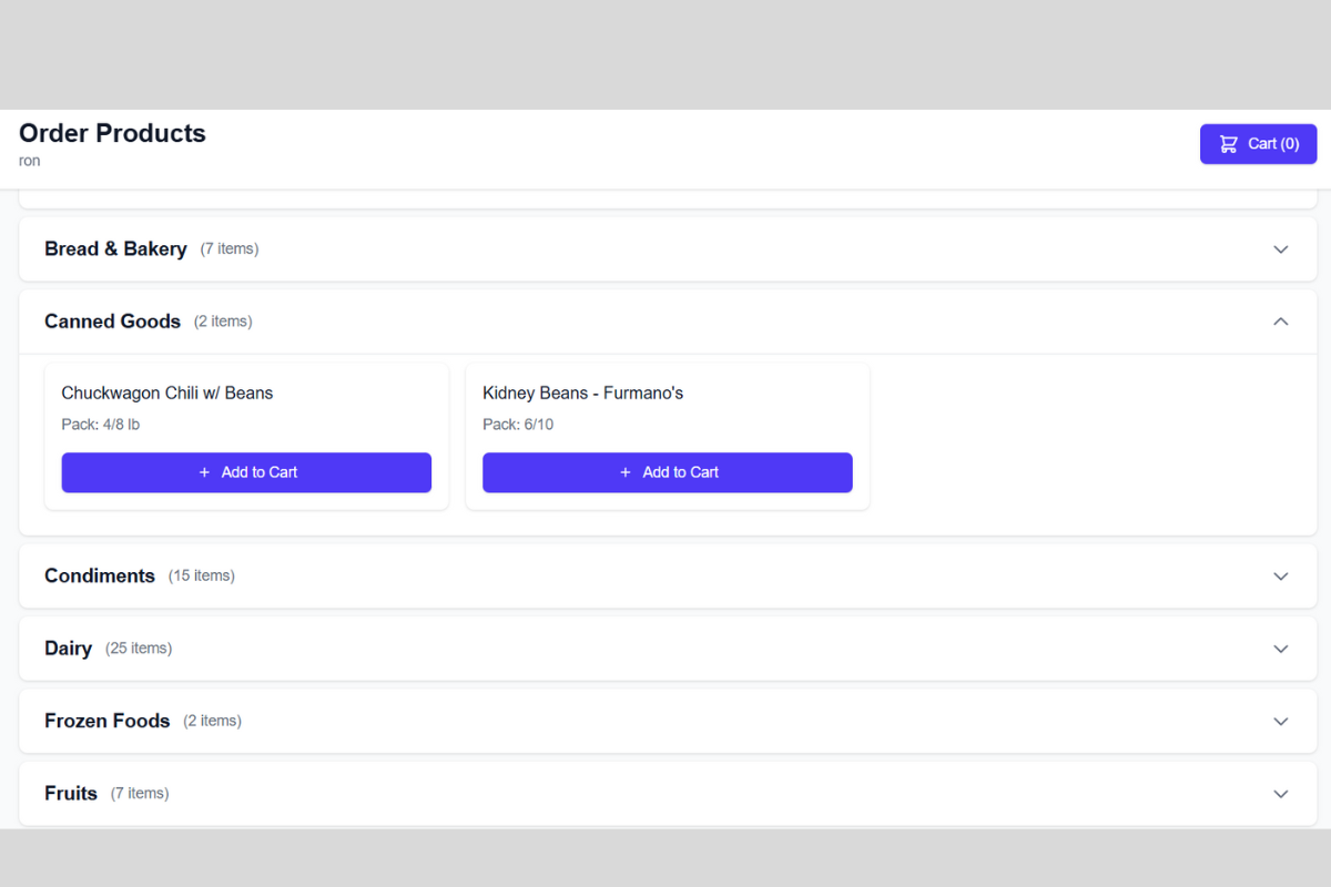 Customer-facing order page showing full product catalog organized by category