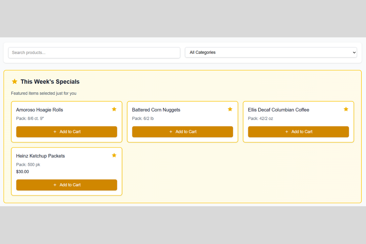 Customer order page with specials section prominently displayed at the top