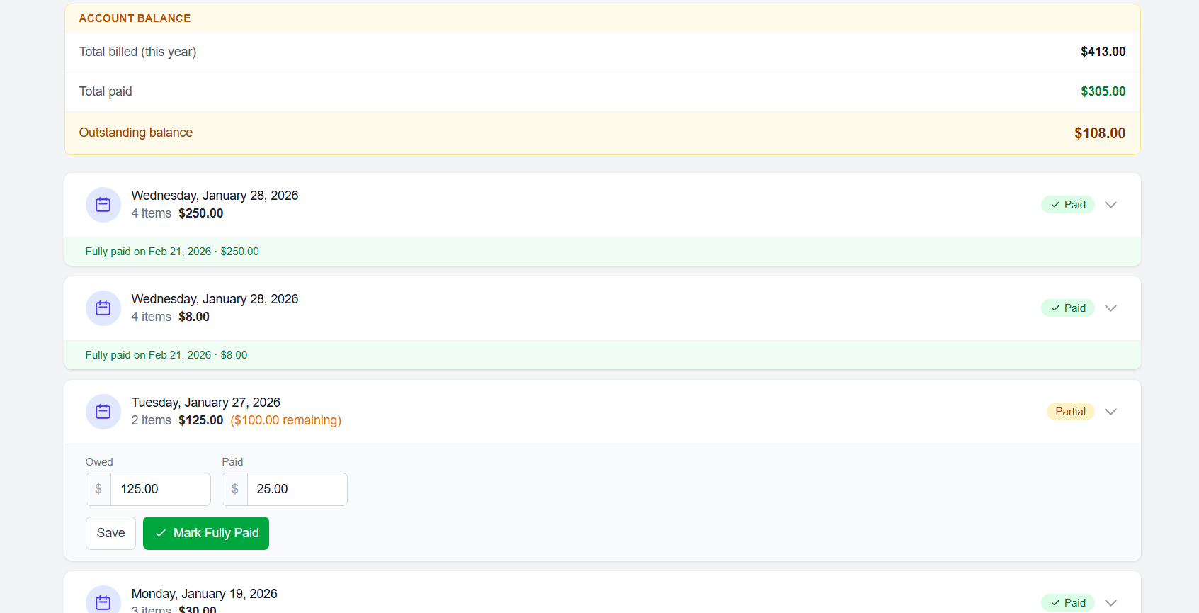 Payment tracking showing account balance, outstanding amounts, and mark paid buttons