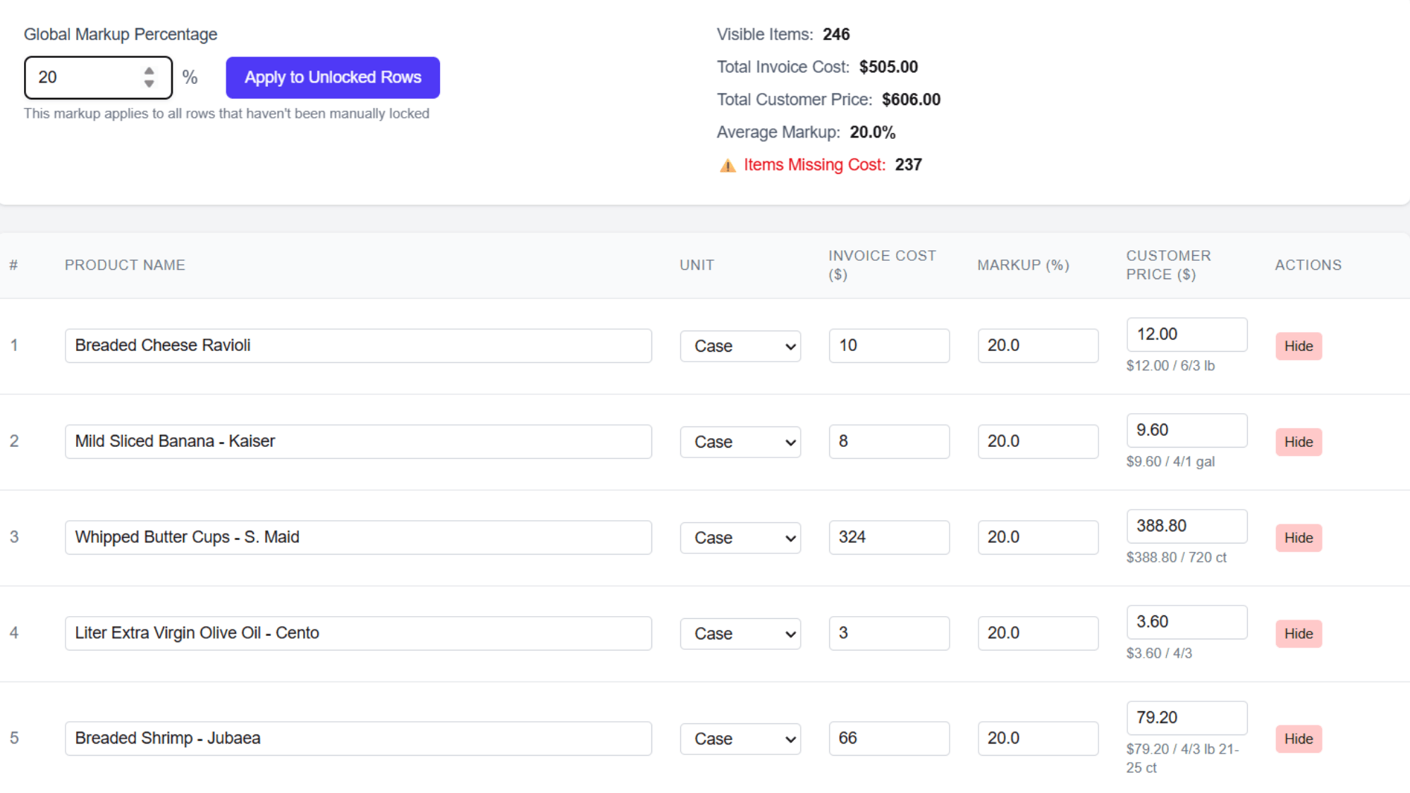 Set prices and automatically include markup