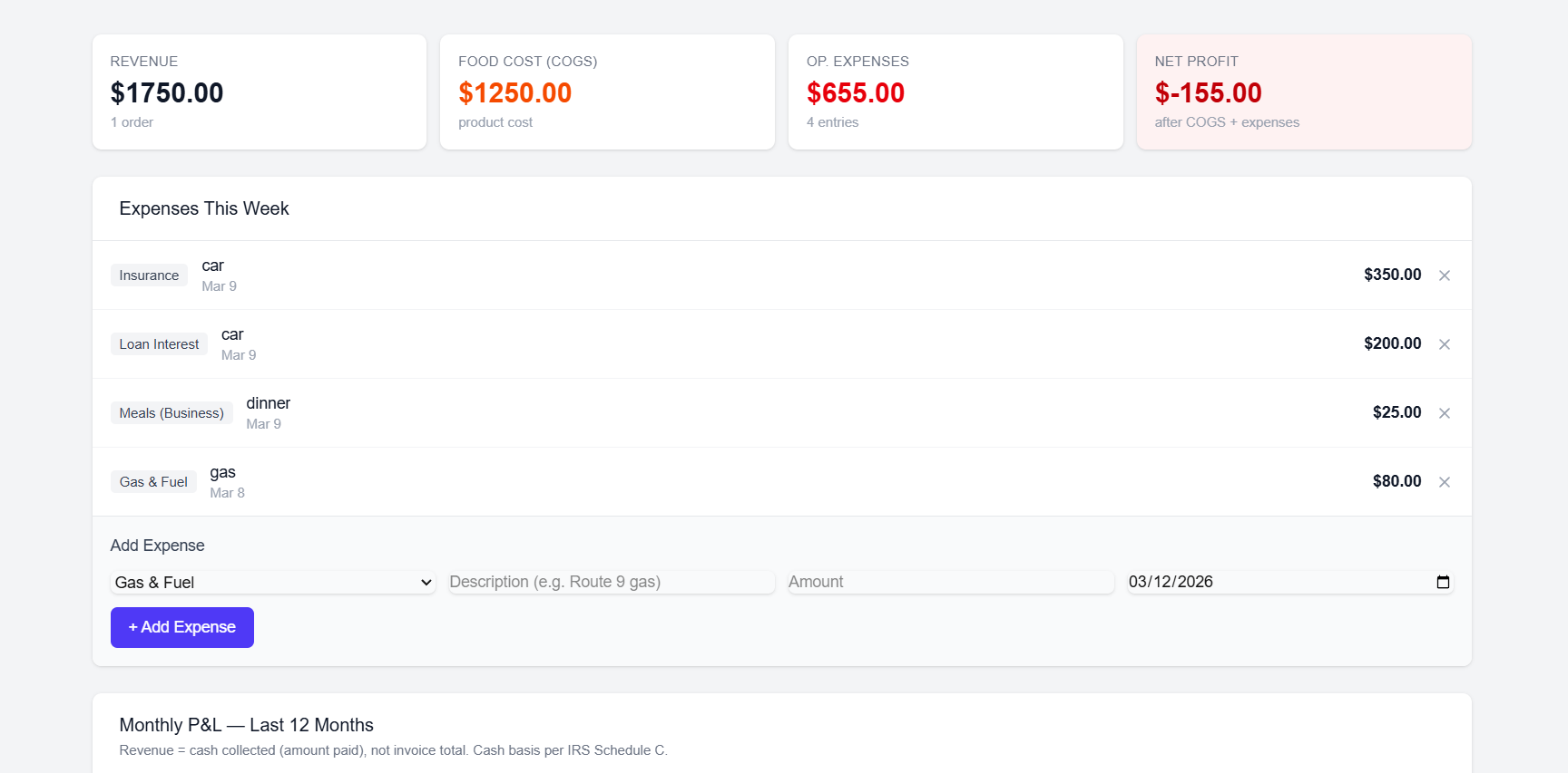 Expense entry screen showing categories like gas, vehicle, tolls, and insurance