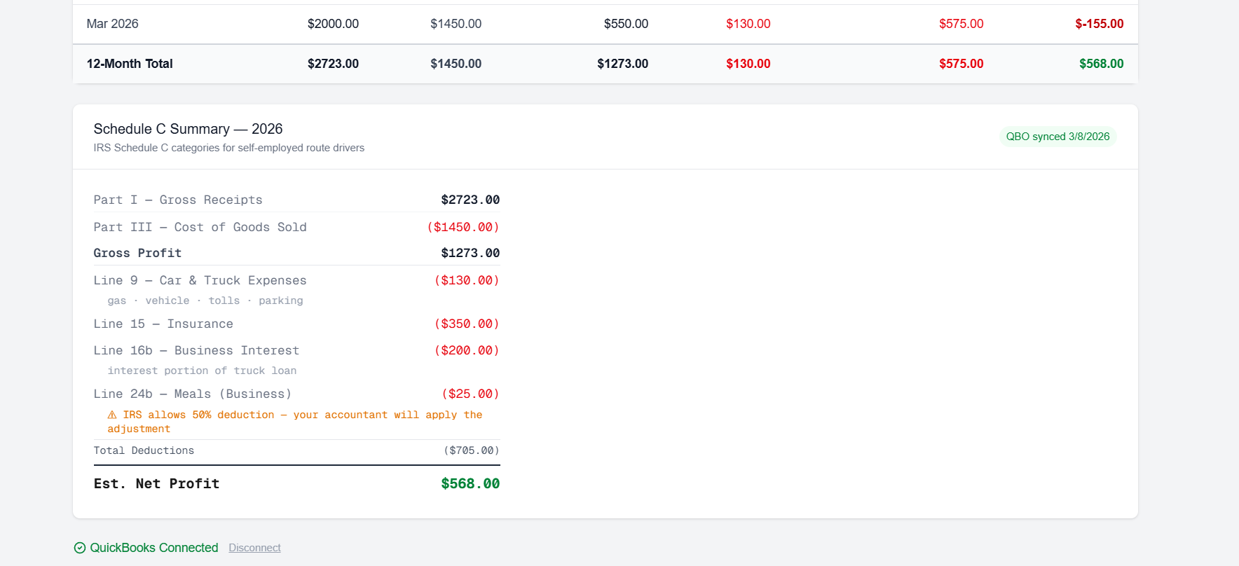 QuickBooks connection screen and CSV export button