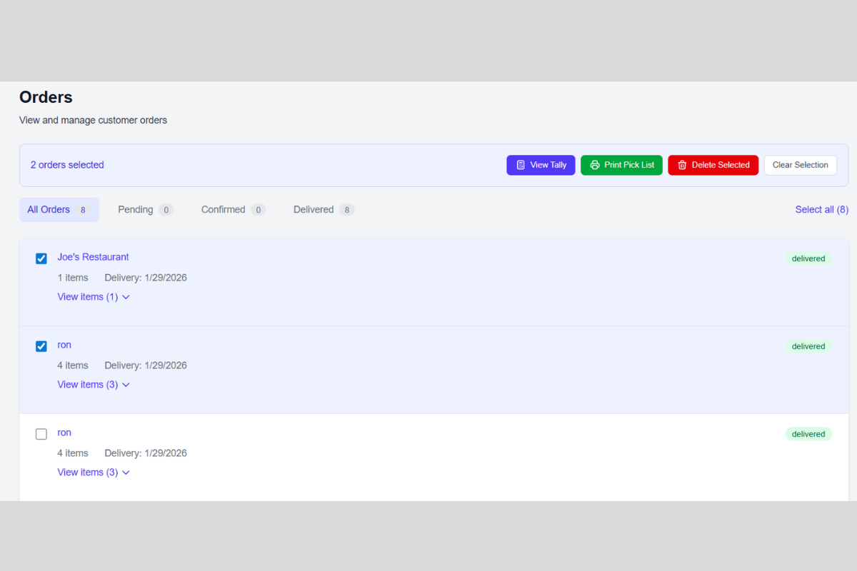 Pick list view showing combined items and quantities across multiple orders