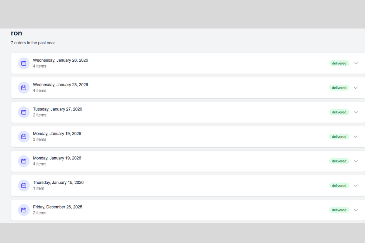 Order history page showing months of past orders with totals