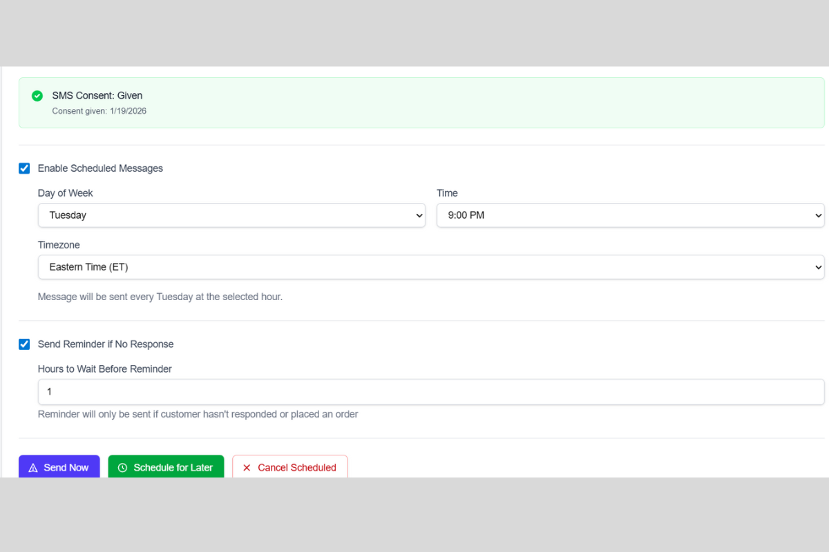 Scheduling interface showing weekly day and time settings for automated texts