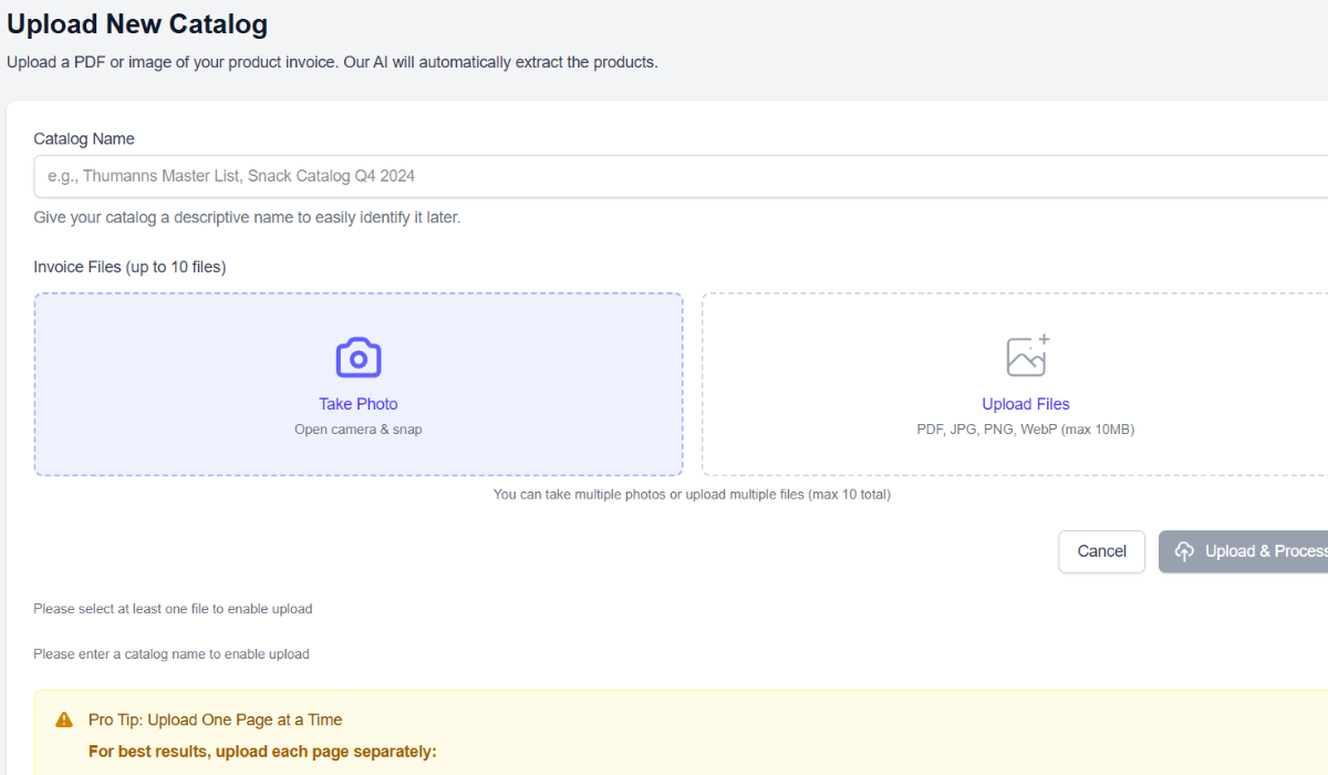 Upload screen showing camera button and file upload for invoice scanning