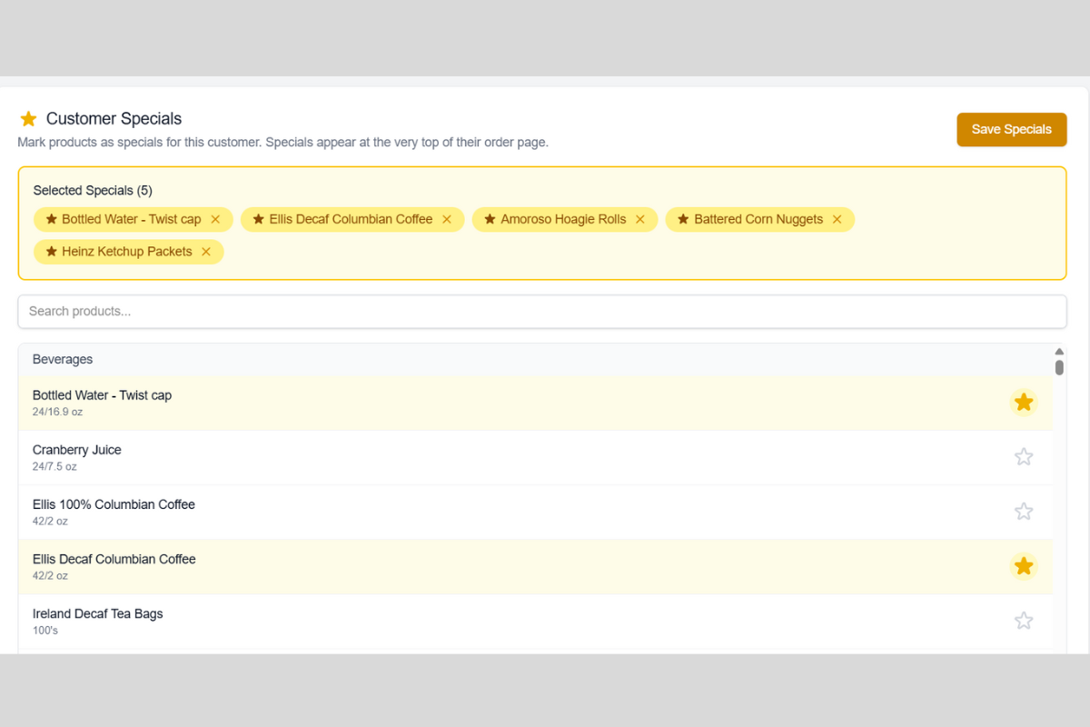 Specials creation screen showing featured products with special pricing