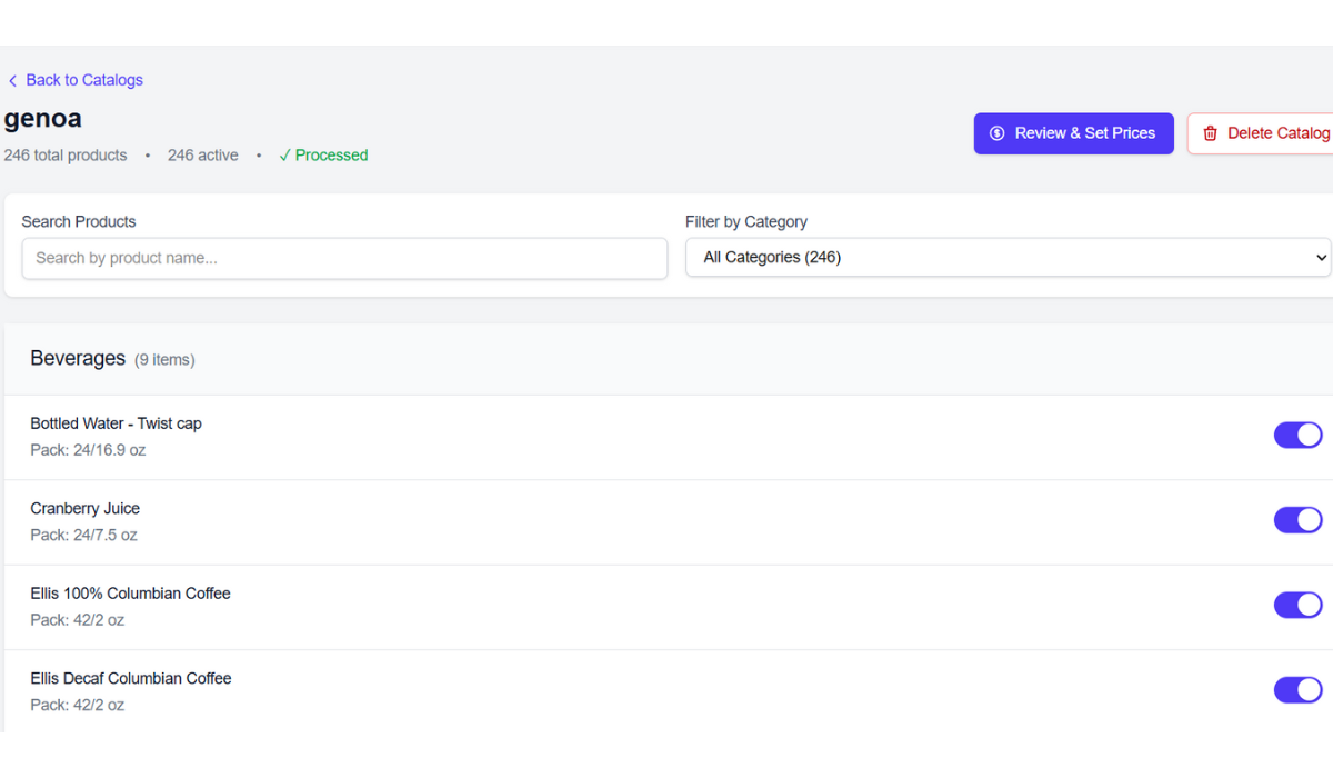 Product list with toggle switches to include or exclude items