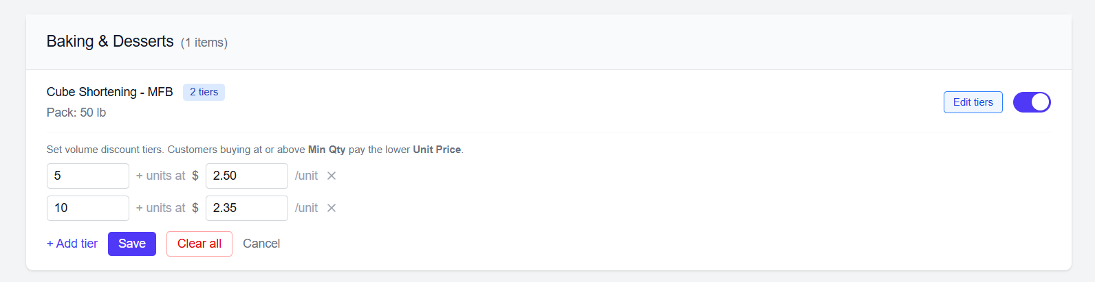 Product toggles and tier pricing