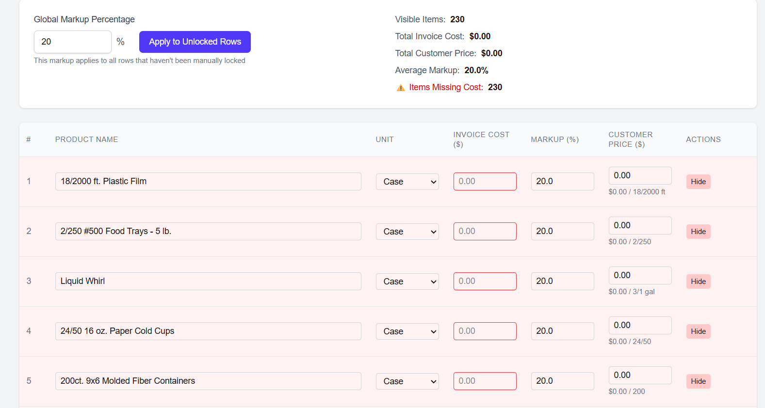 Pricing and markup settings