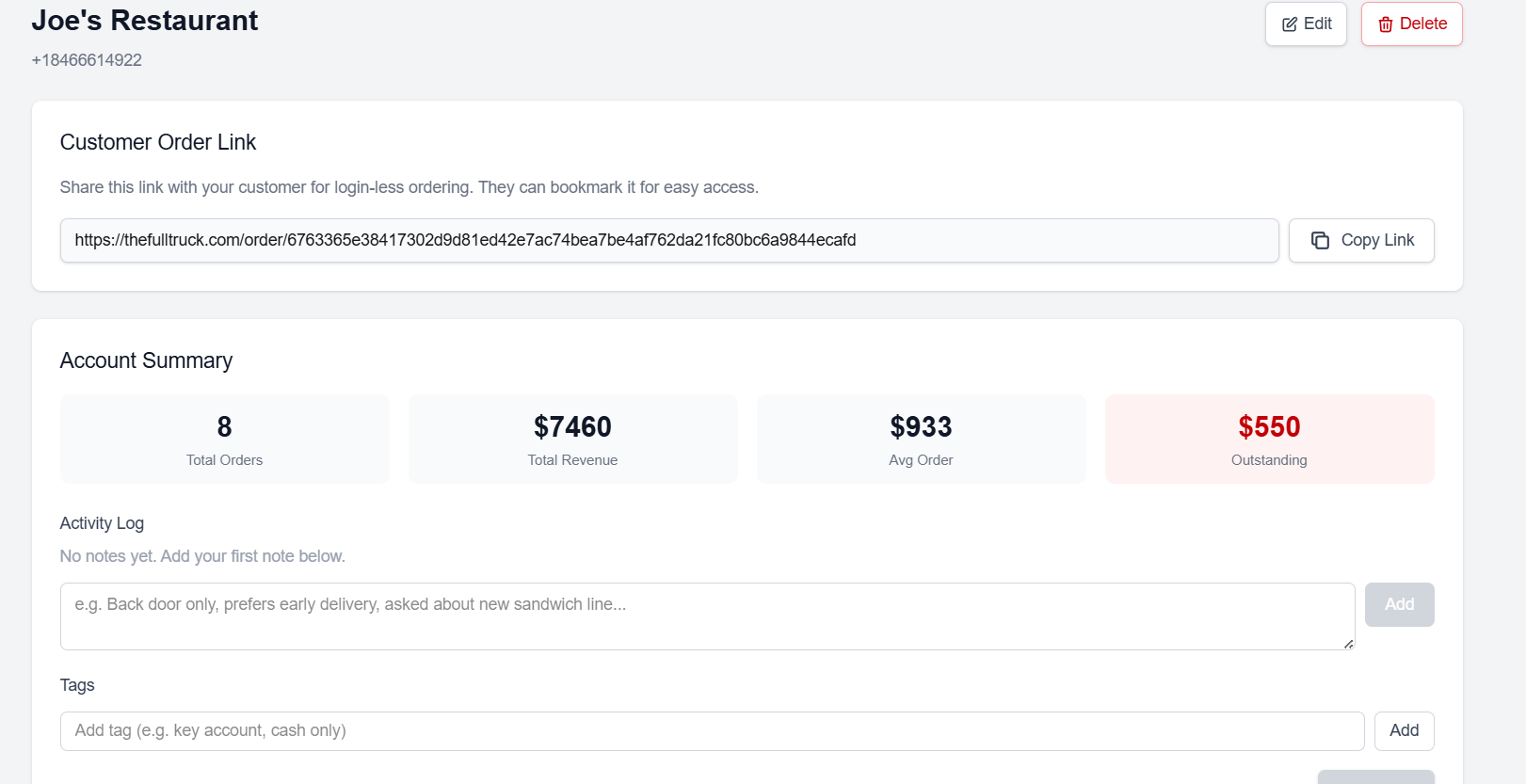Customer detail page