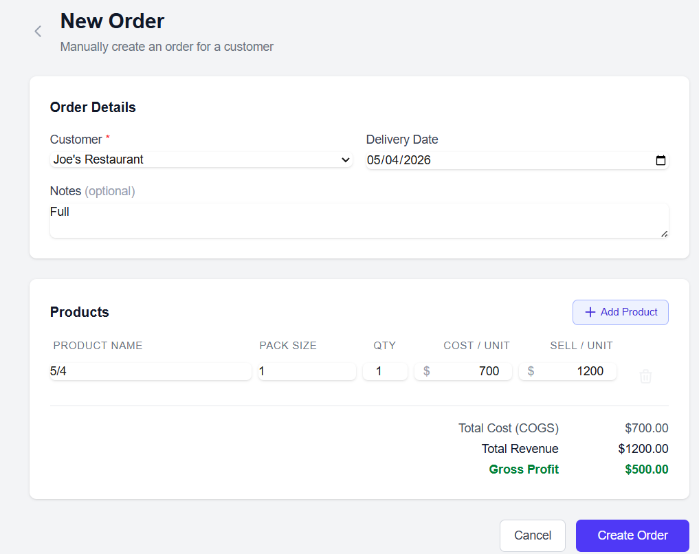 Manual order entry
